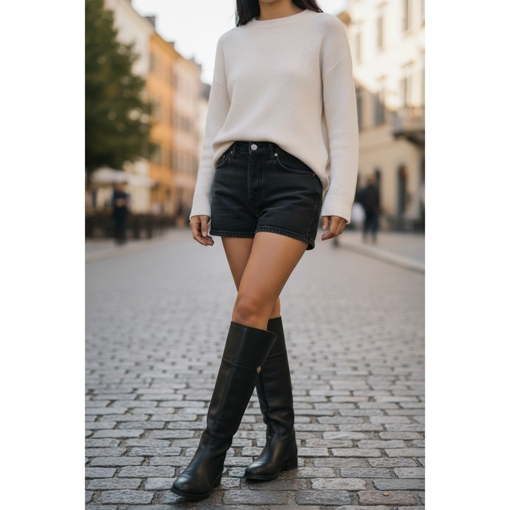 Tory Burch Black Leather Knee High Riding Boots SZ 7.5 Style‎ 31192 Retail $600